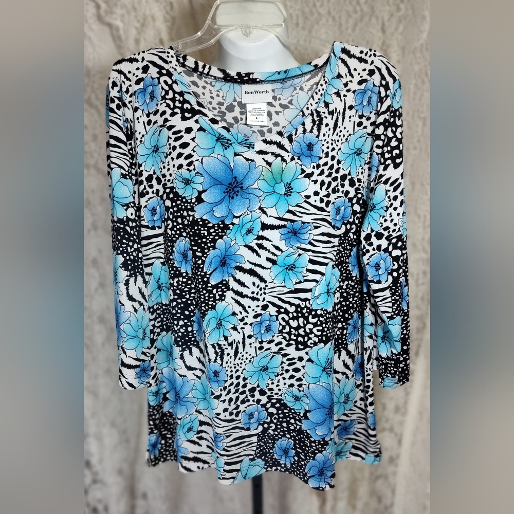 BonWorth Blue and Black Floral Zebra Animal Print Top NWOT